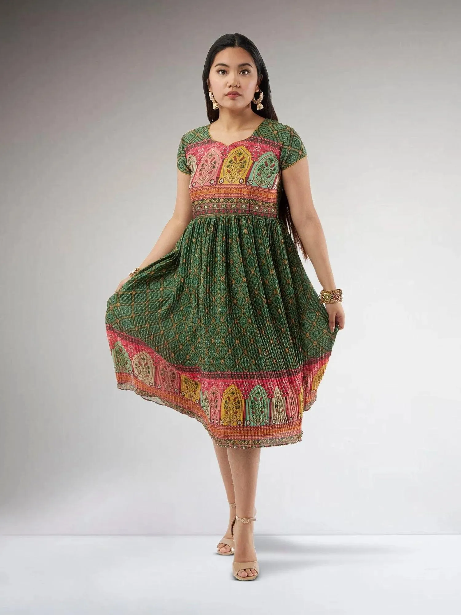 Dark Green Crushed Knee Length Dress | Indo Western Dress