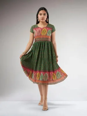 Dark Green Crushed Knee Length Dress | Indo Western Dress