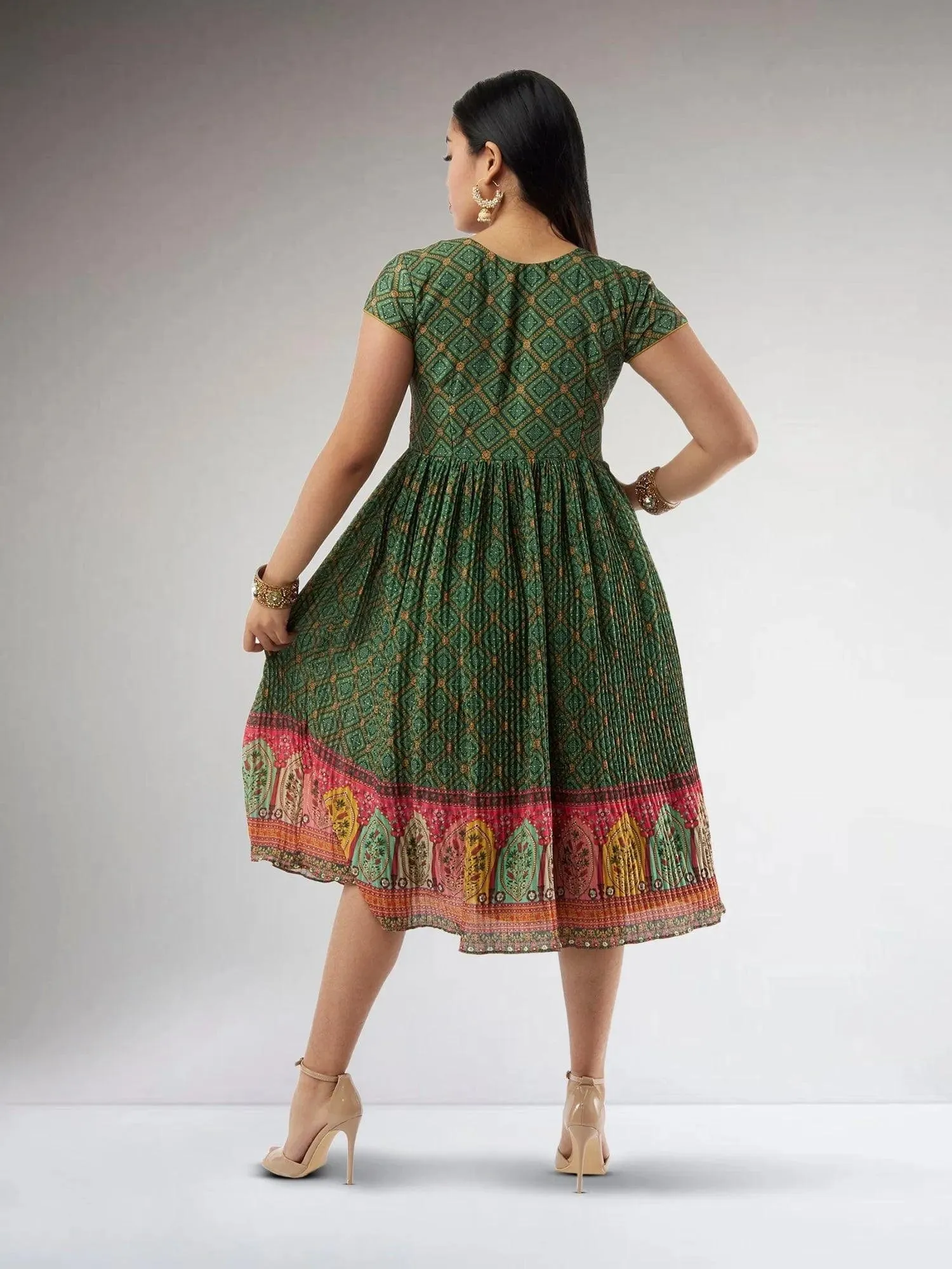 Dark Green Crushed Knee Length Dress | Indo Western Dress