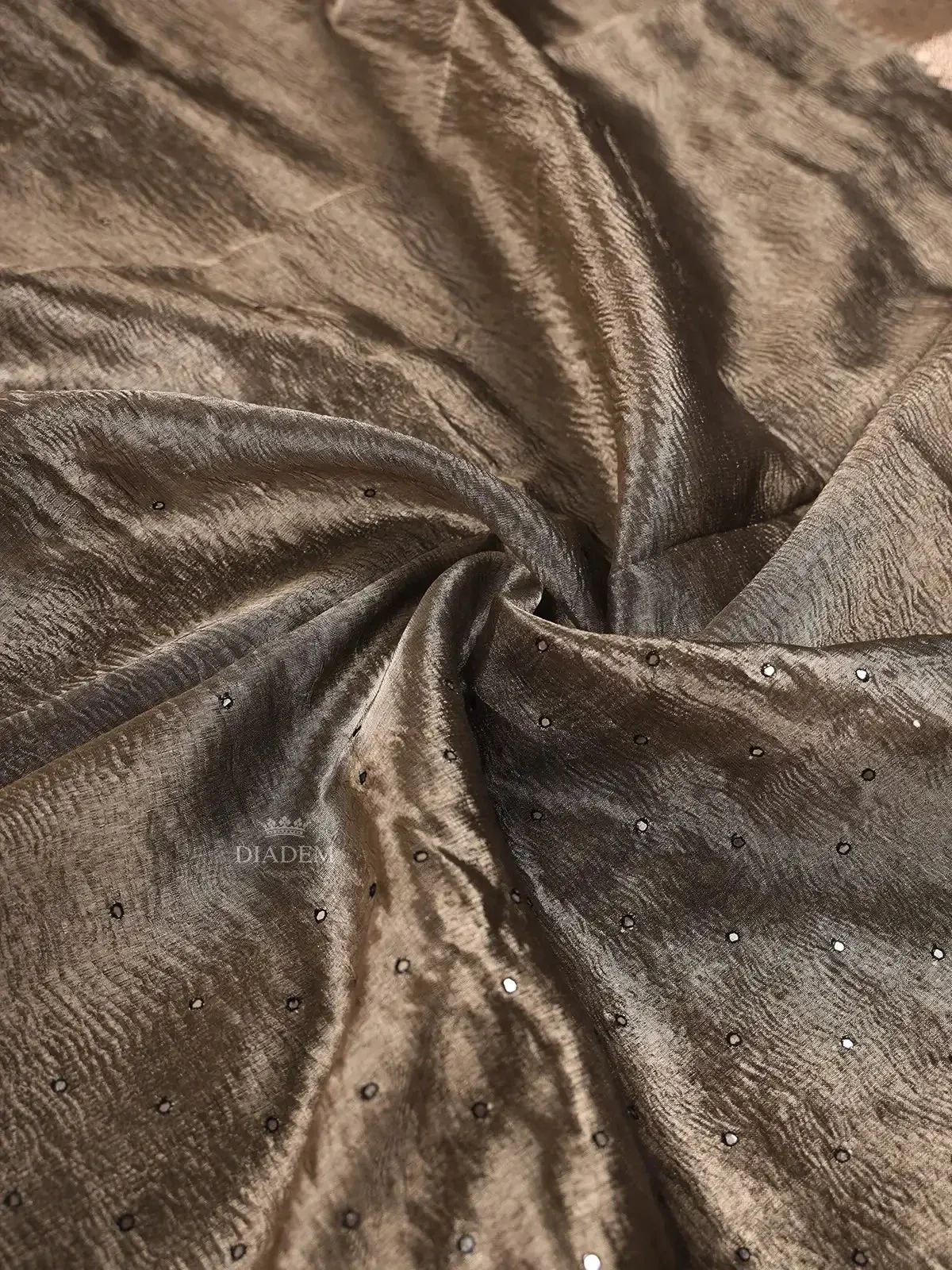 Dark Grey Organza Saree with Stone and Crush Design on the Body Designed Border