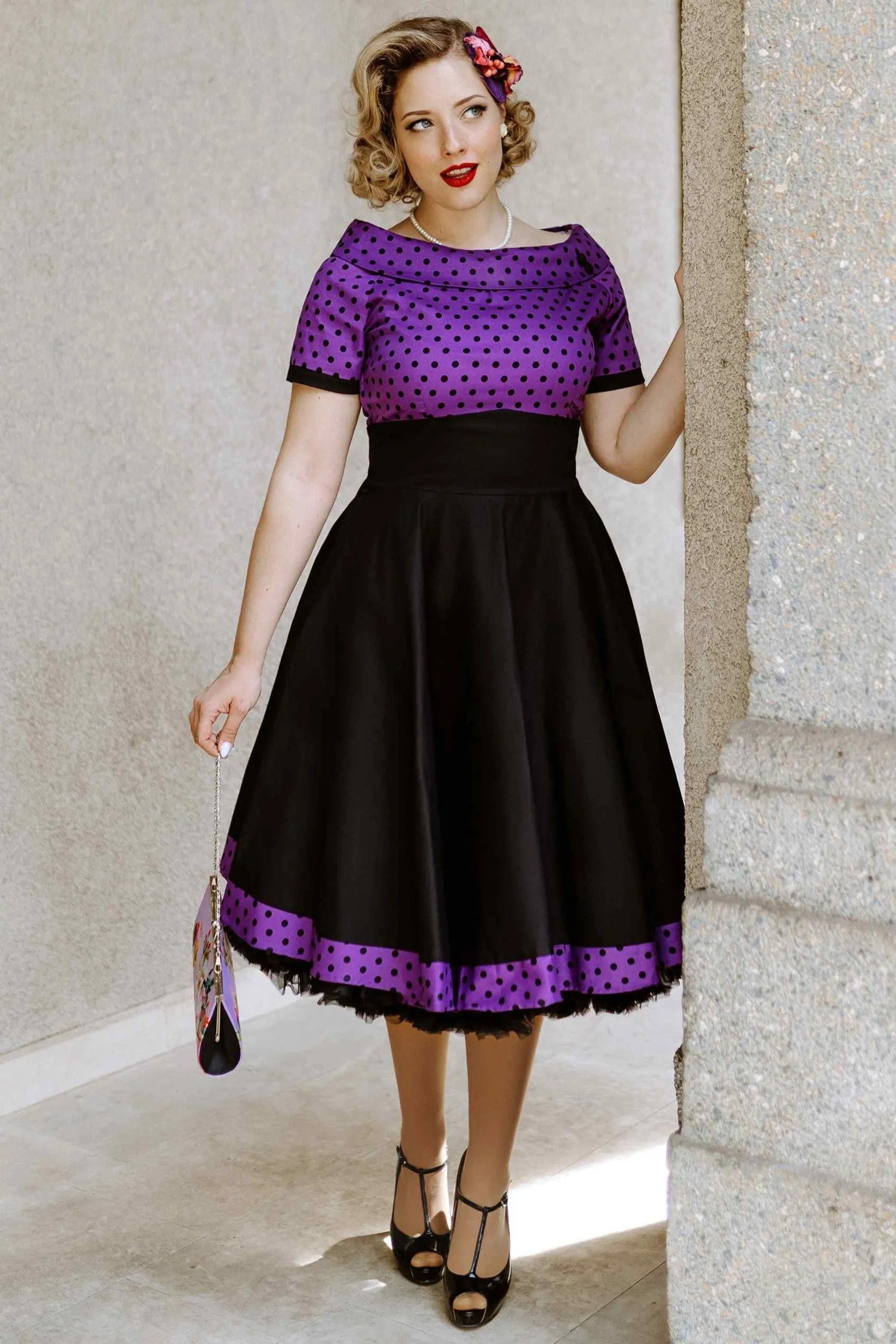 Darlene Purple & Black Polka Dot Circle Dress