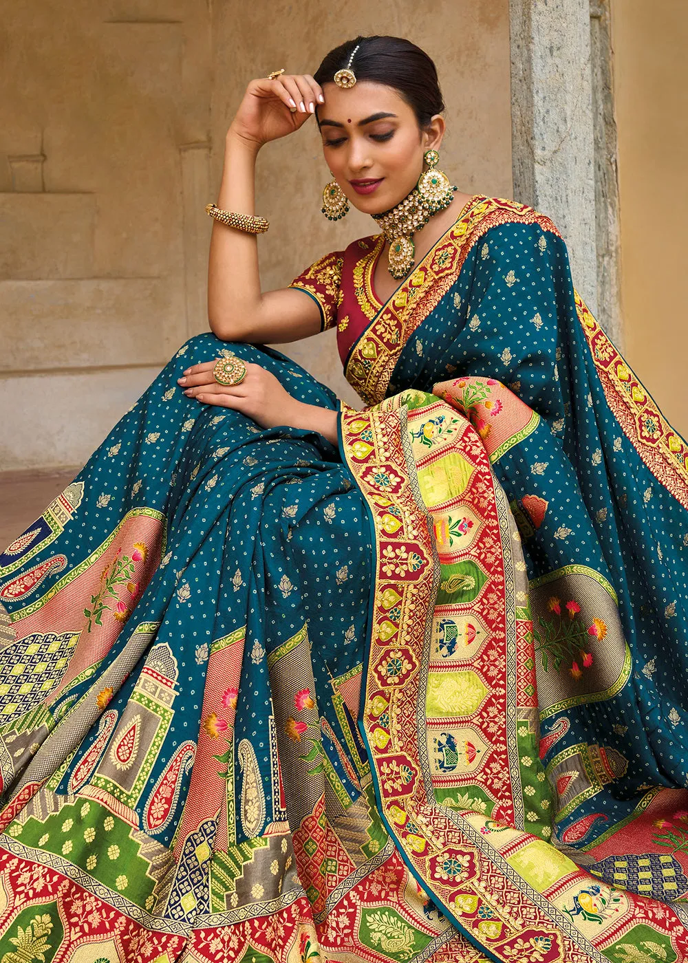 Designer Multicolor Blue & Red Silk Wedding Wear Saree