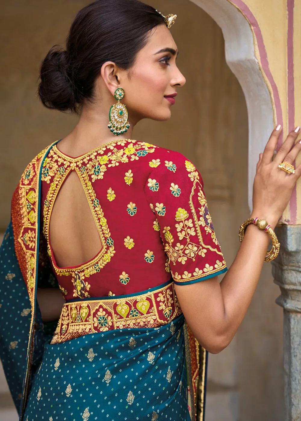 Designer Multicolor Blue & Red Silk Wedding Wear Saree