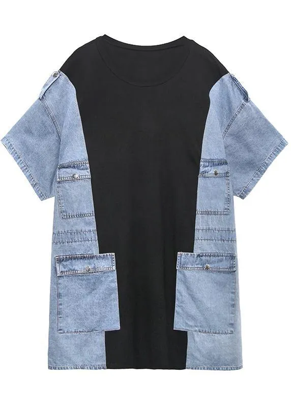 DIY o neck summer tunics for women black patchwork denim blue Dresses