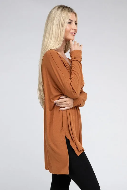 Dolman Long Sleeve V-Neck Side Slit Hi-Low Hem Top - Online Exclusive
