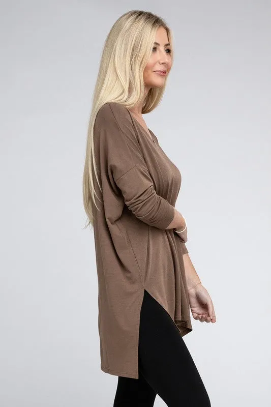 Dolman Long Sleeve V-Neck Side Slit Hi-Low Hem Top - Online Exclusive