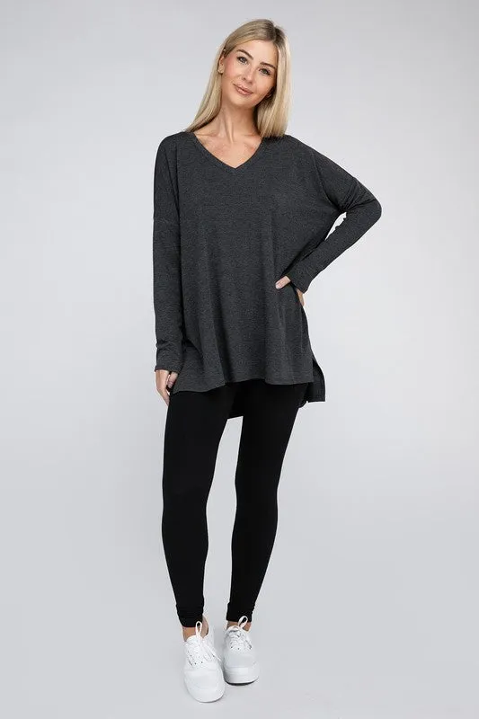 Dolman Long Sleeve V-Neck Side Slit Hi-Low Hem Top - Online Exclusive