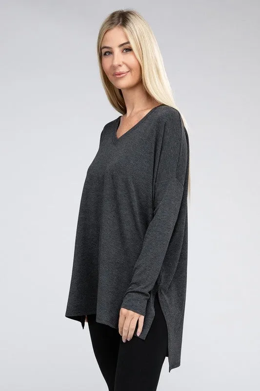 Dolman Long Sleeve V-Neck Side Slit Hi-Low Hem Top - Online Exclusive