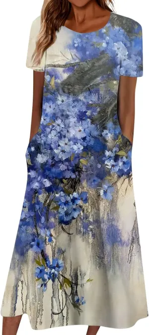 Dresses for Women 2024 Printed Pocket Long Dresses Pleated Short Sleeve Beach Dress Round Neck Comfy Maxi Dress