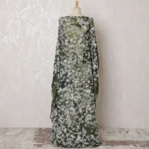 Enchanted Forest Green Silk Chiffon Somali dirac Fabric with Silver Appliqué - 140cm x 3.5 Mtrs-D18499
