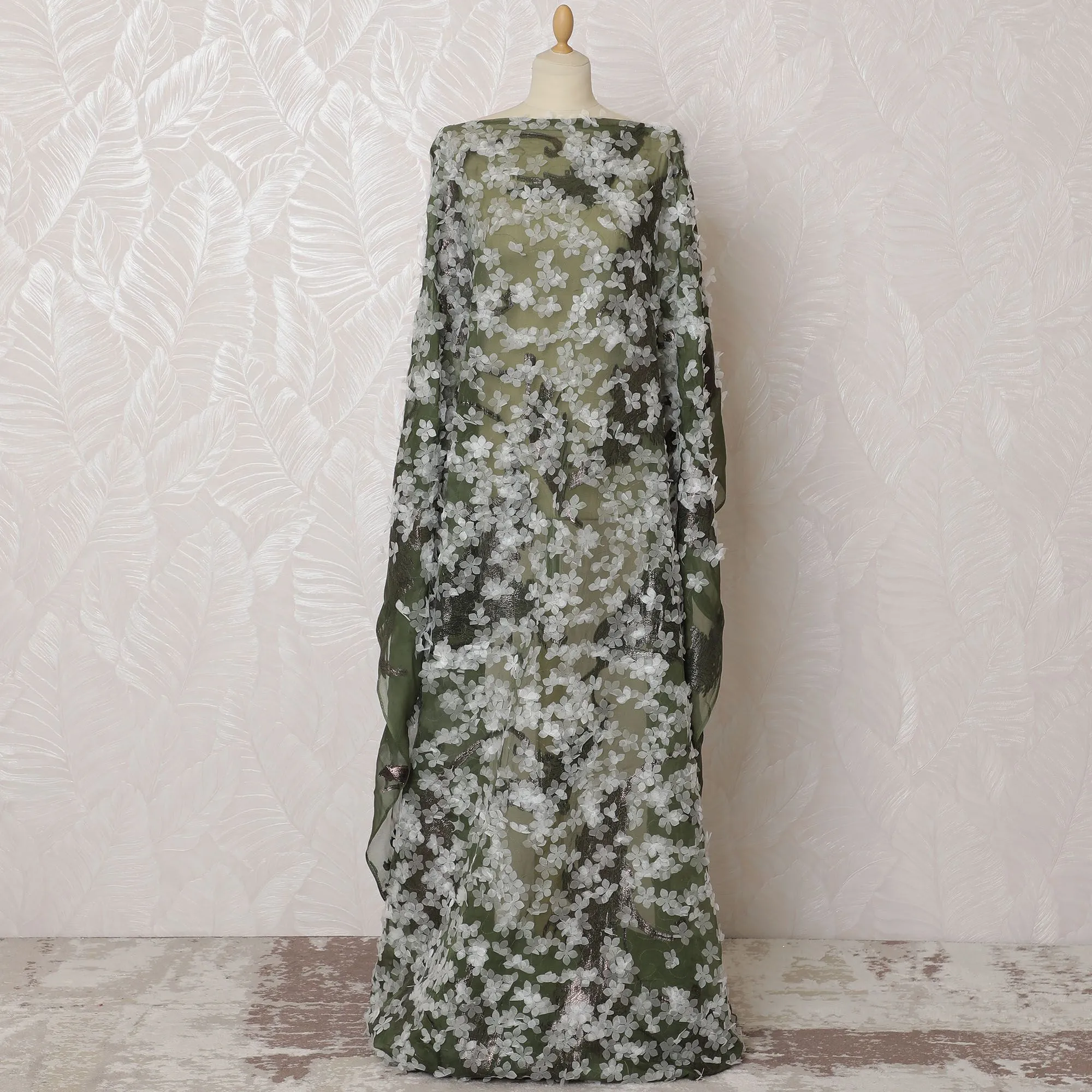 Enchanted Forest Green Silk Chiffon Somali dirac Fabric with Silver Appliqué - 140cm x 3.5 Mtrs-D18499