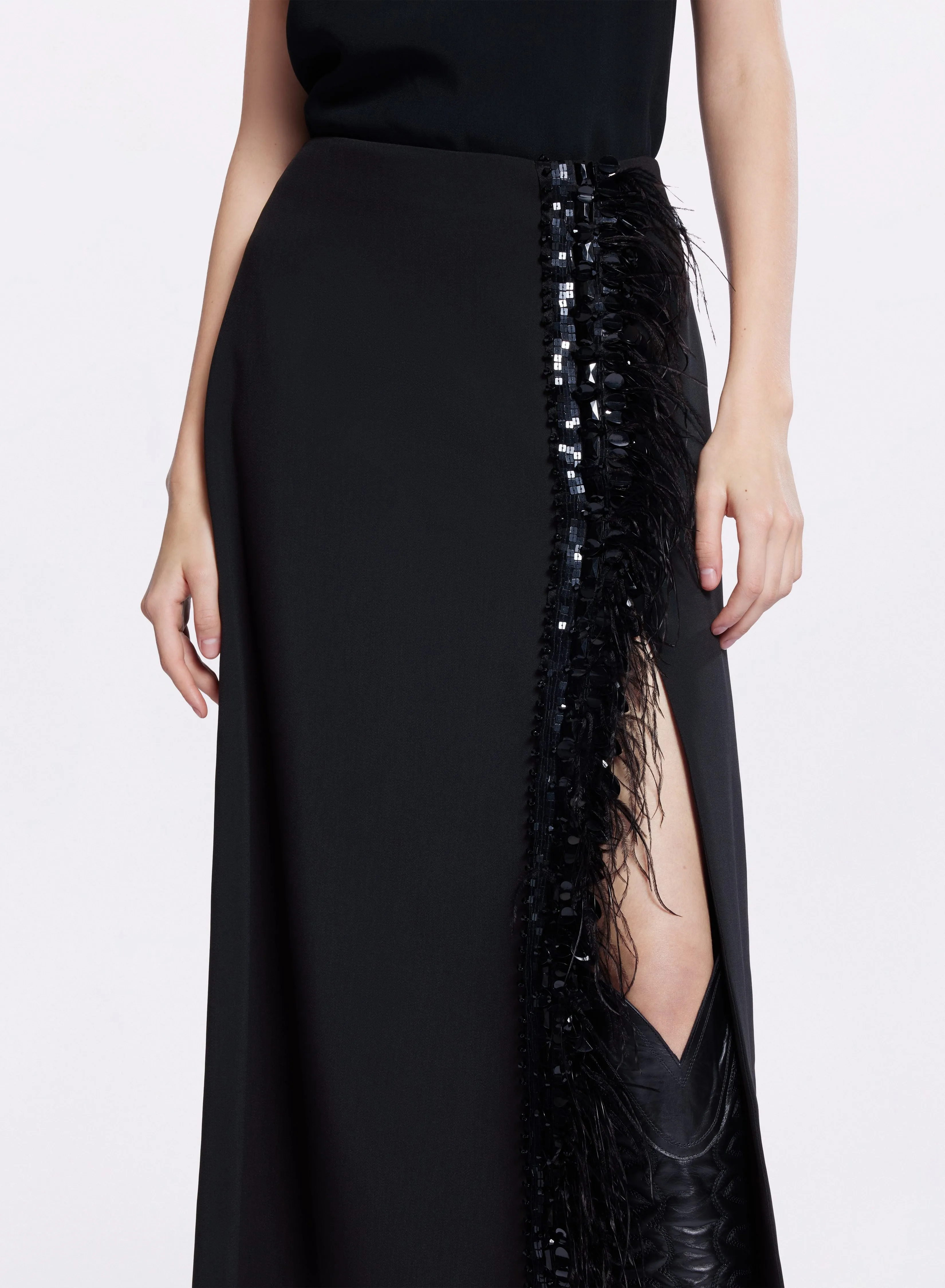 Feather Trimmed Midi Skirt