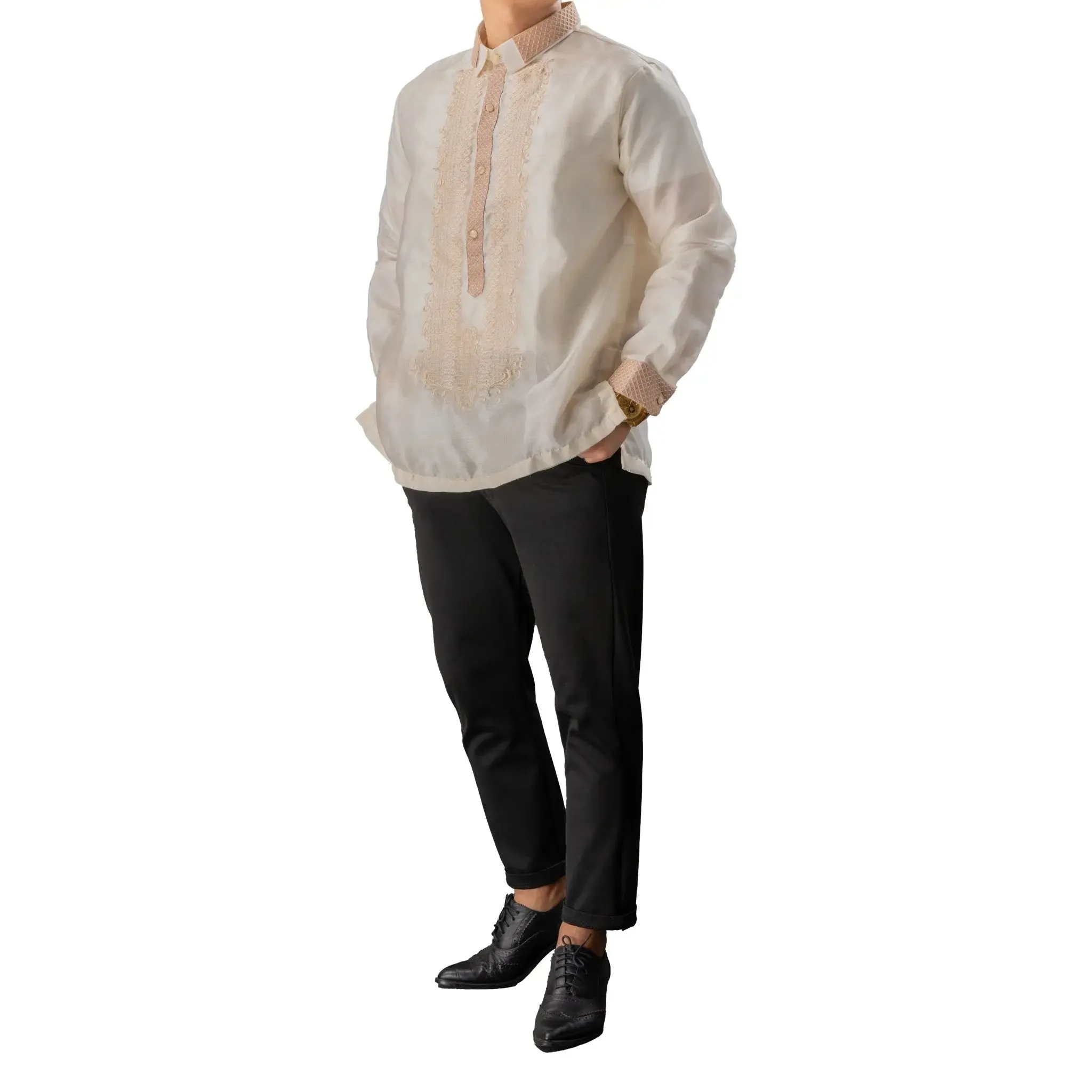 FELIX Piña Organza Men's Barong in Double Sport Collar - Cream Lining