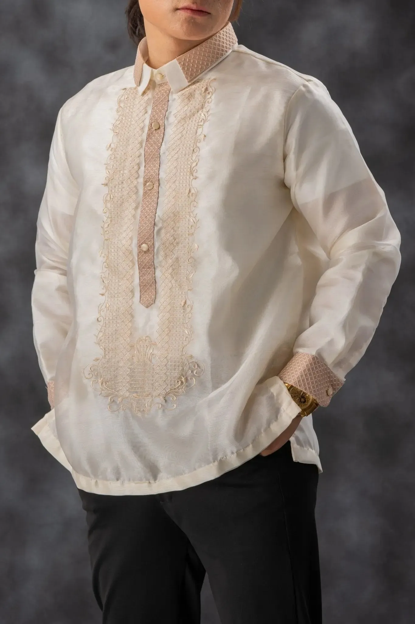 FELIX Piña Organza Men's Barong in Double Sport Collar - Cream Lining