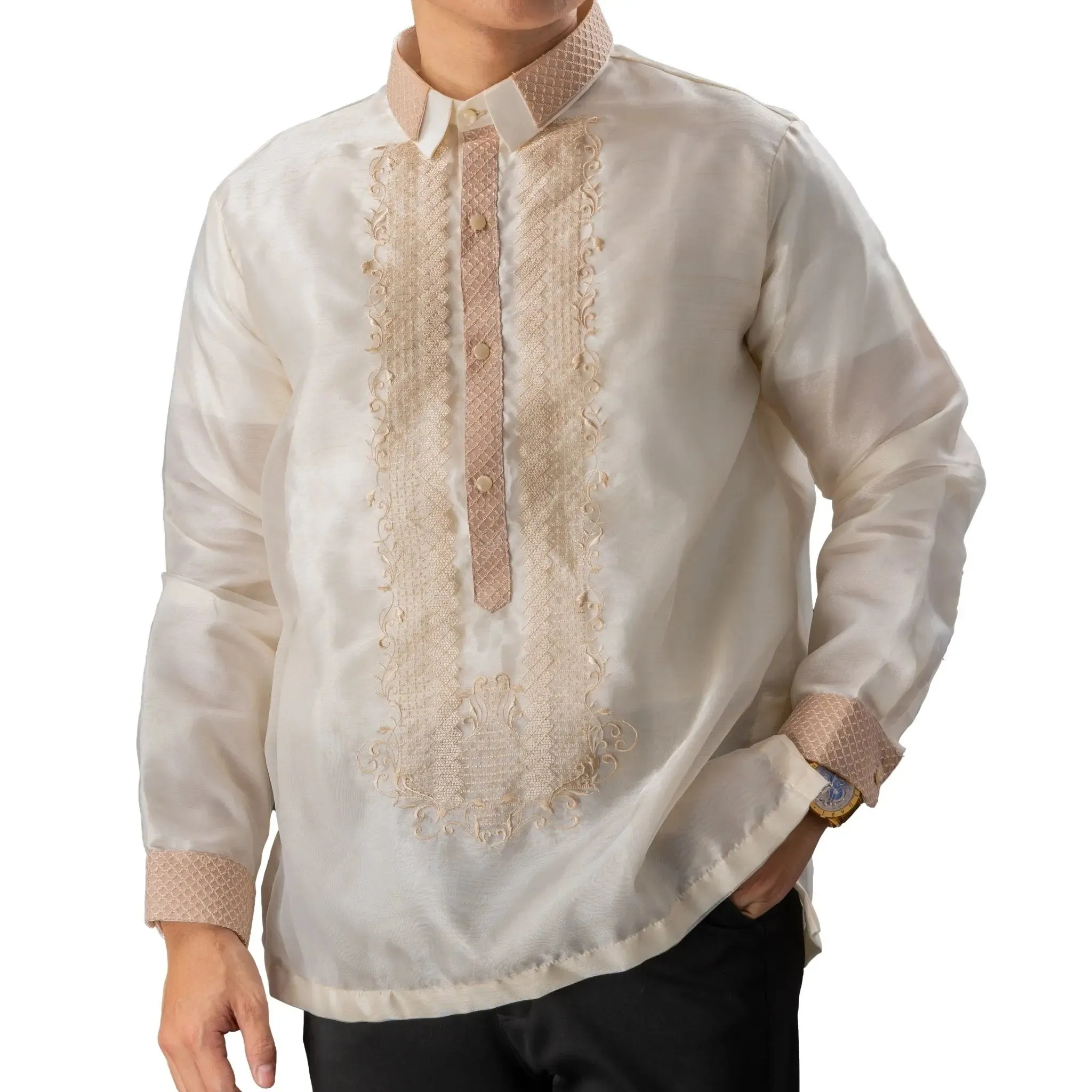 FELIX Piña Organza Men's Barong in Double Sport Collar - Cream Lining
