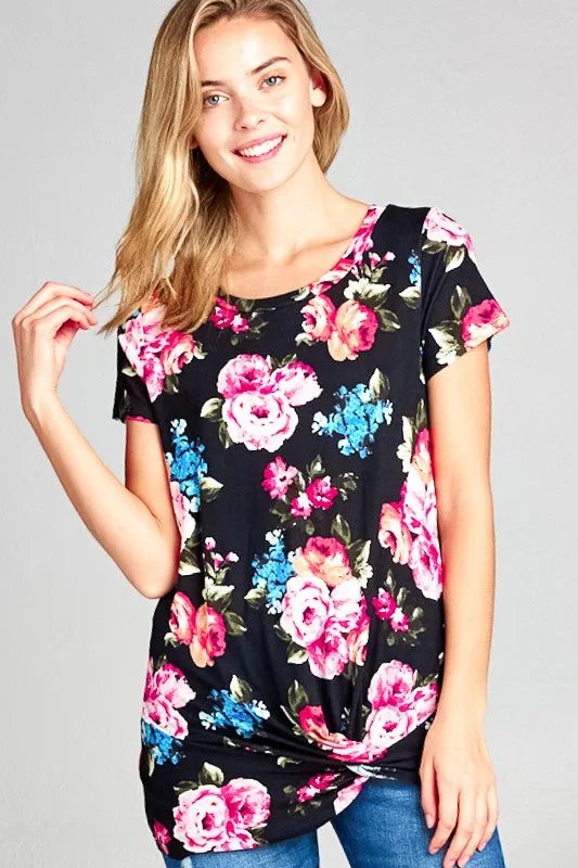 FLORAL PRINT TWIST BOTTOM TUNIC TOP
