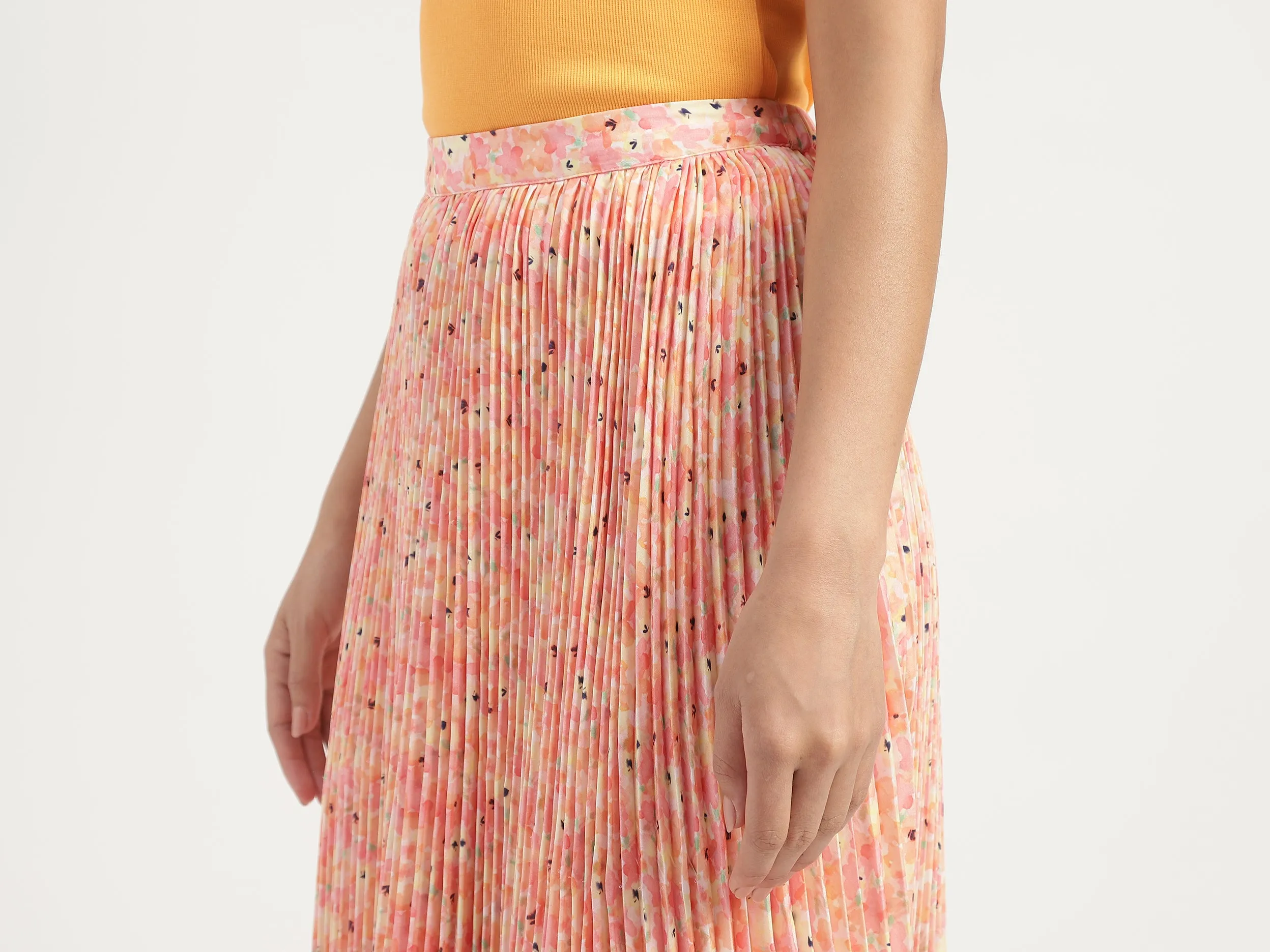 Floral Printed Pleated A-Line Midi Skirt