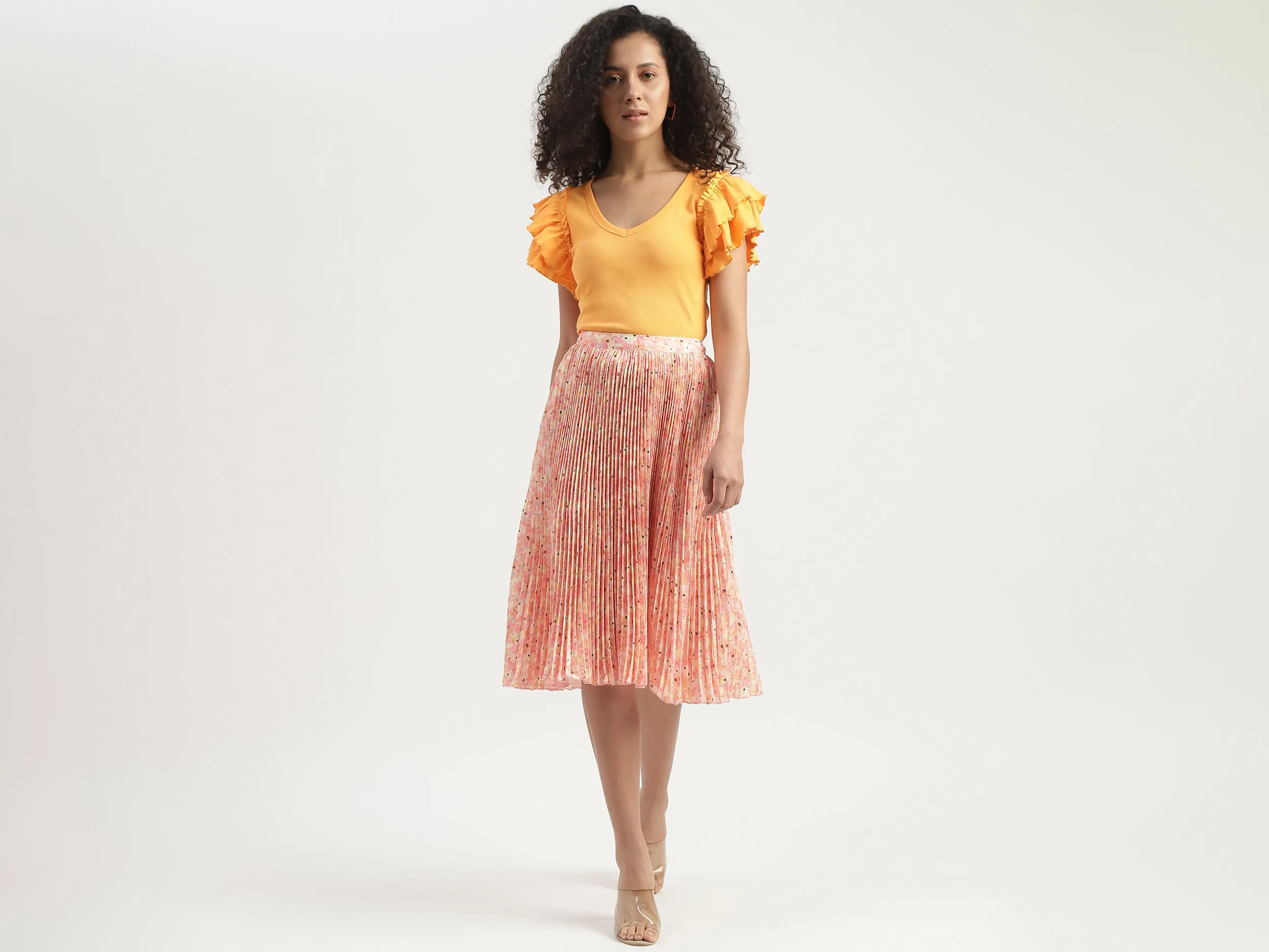 Floral Printed Pleated A-Line Midi Skirt