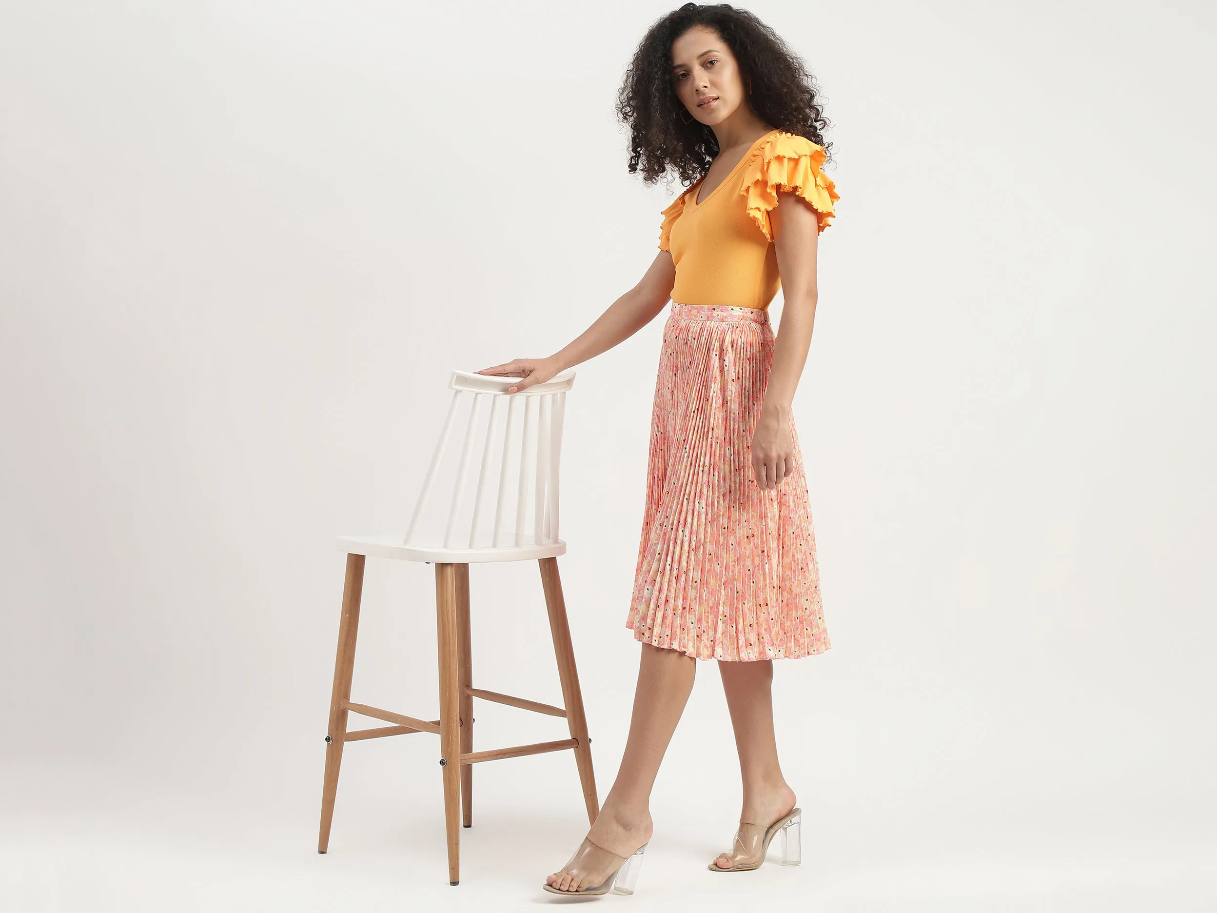 Floral Printed Pleated A-Line Midi Skirt