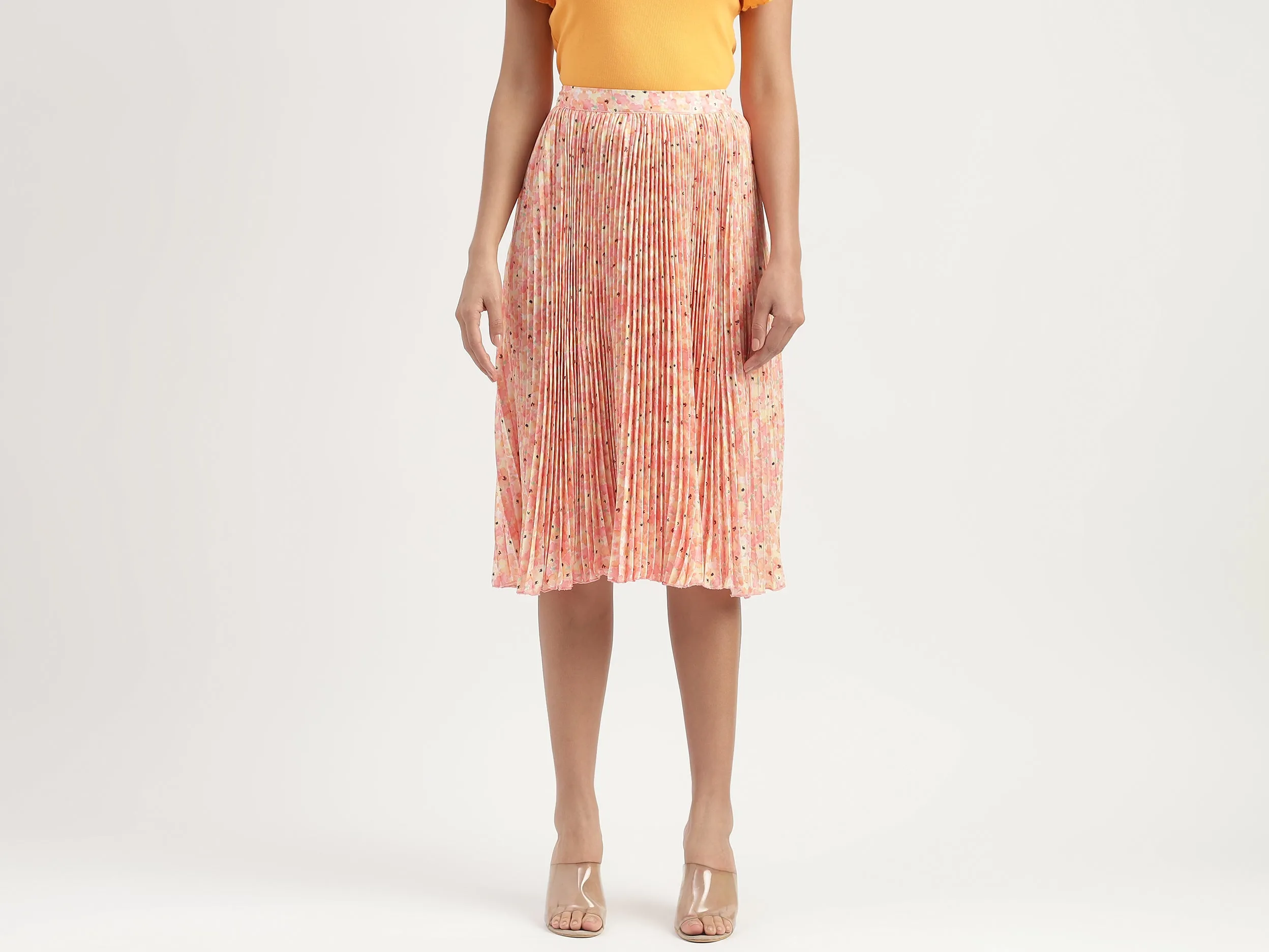 Floral Printed Pleated A-Line Midi Skirt
