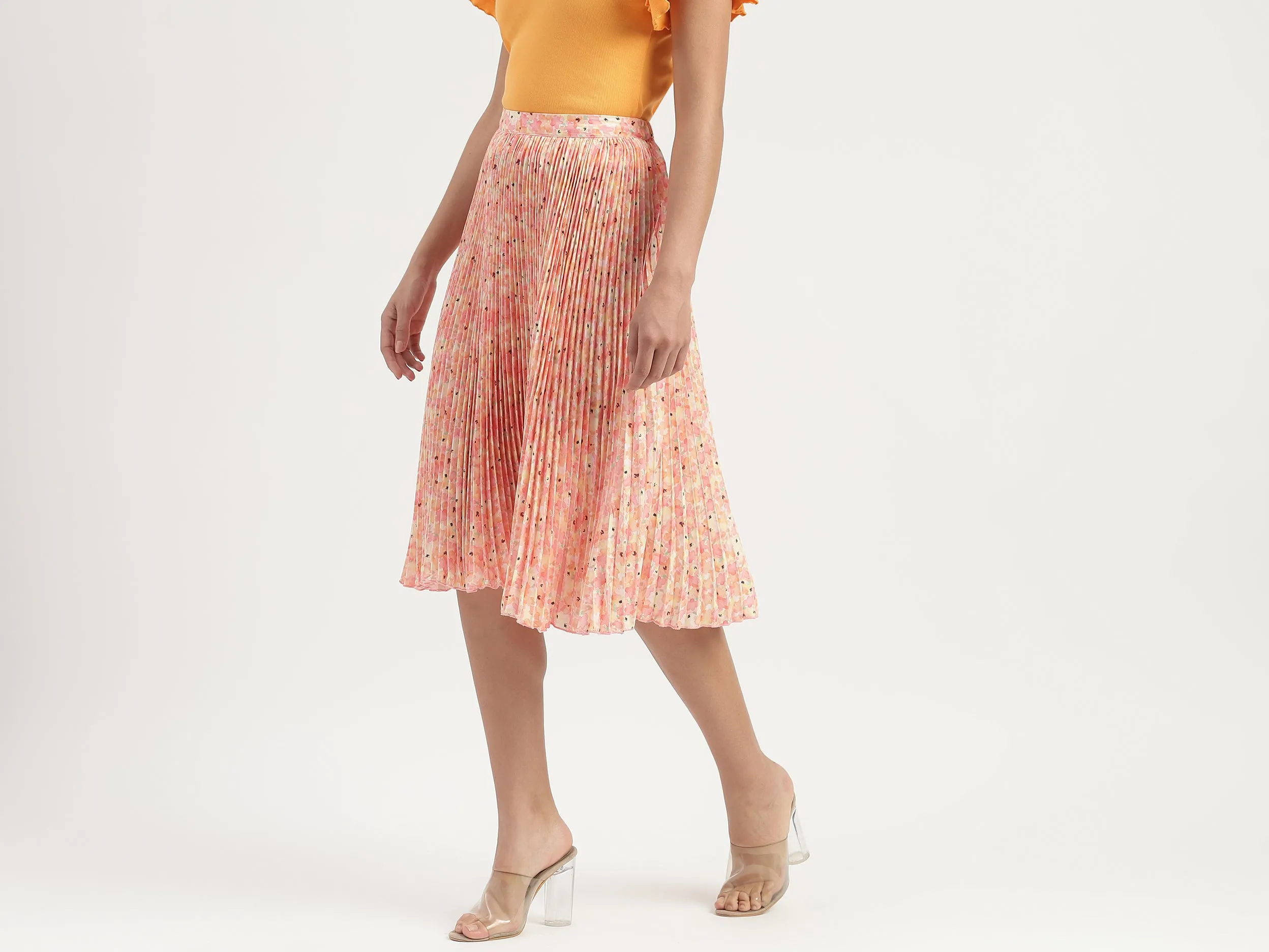 Floral Printed Pleated A-Line Midi Skirt