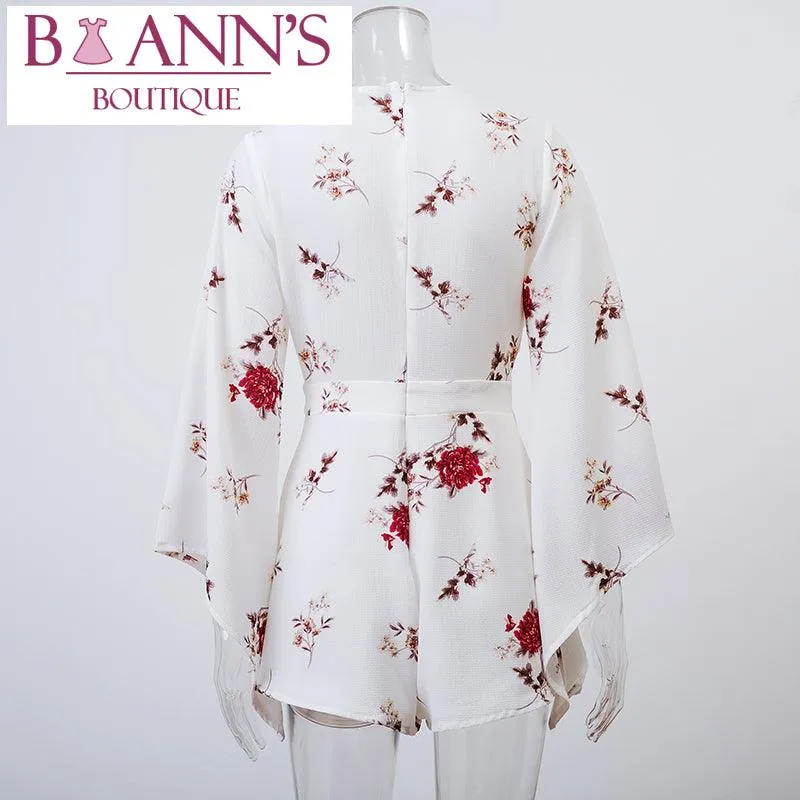 FLORAL V-NECK FLARE SLEEVE ROMPER