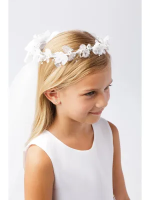 Girls White Shiny Glitter Floral Ornate Crown Communion Flower Girl Veil