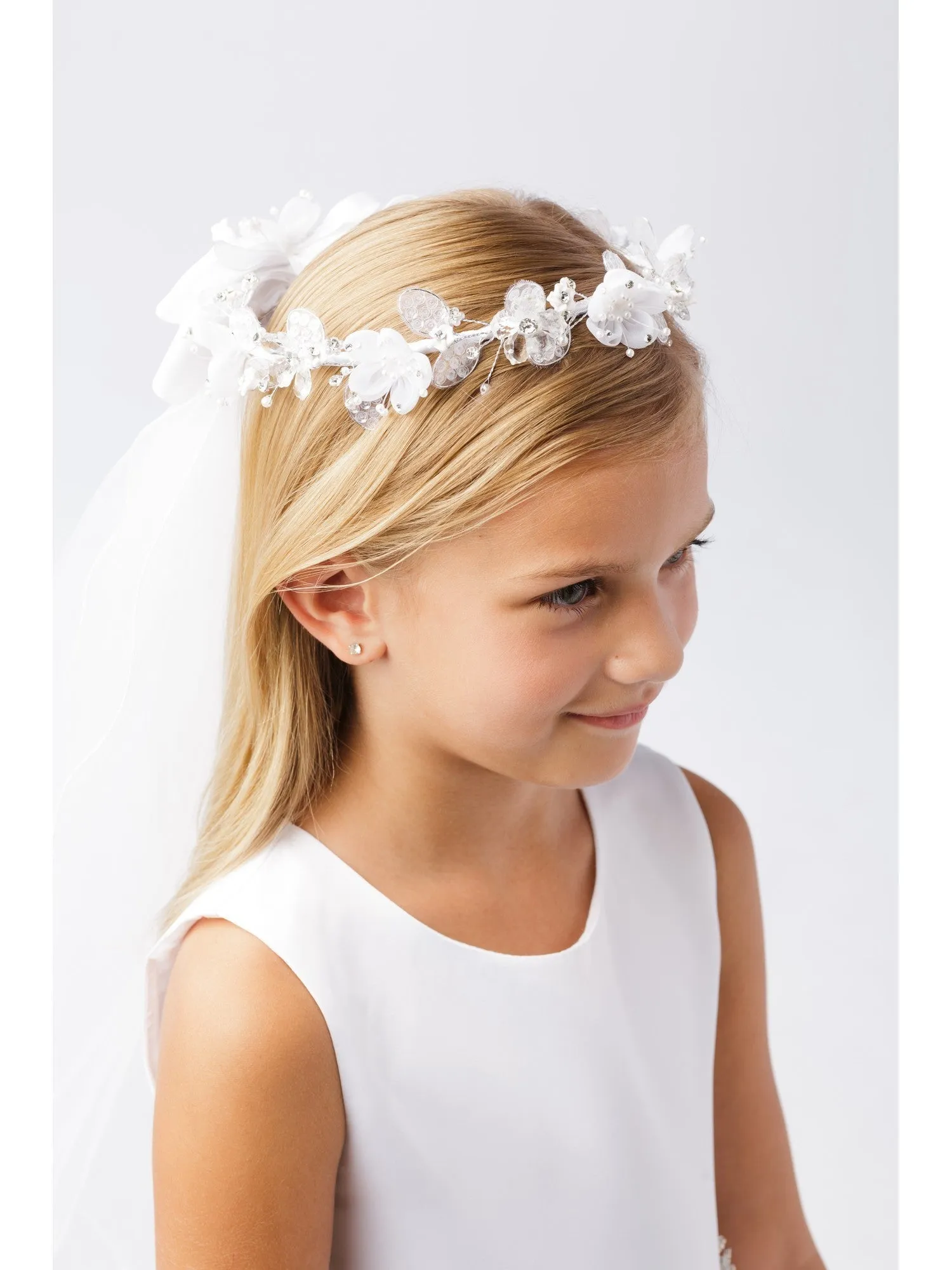 Girls White Shiny Glitter Floral Ornate Crown Communion Flower Girl Veil