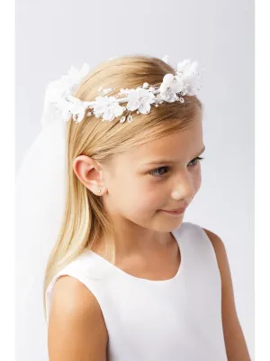 Girls White Stylish Floral Decorated Crown Communion Flower Girl Veil