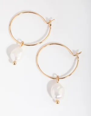 Gold Freshwater Pearl Pebble Pendant Hoop Earrings