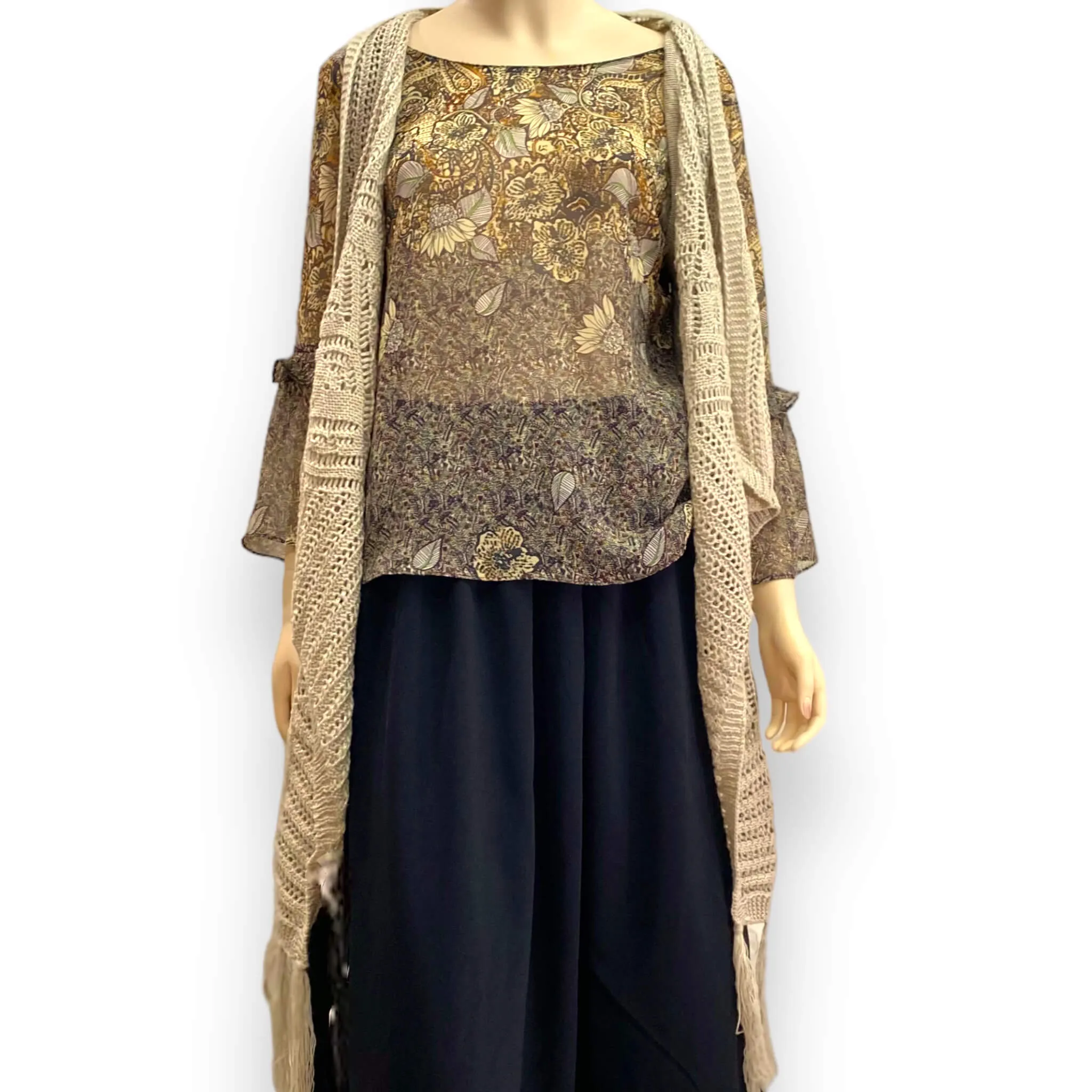 Golden Floral Flowing Flared Sleeve Blouse