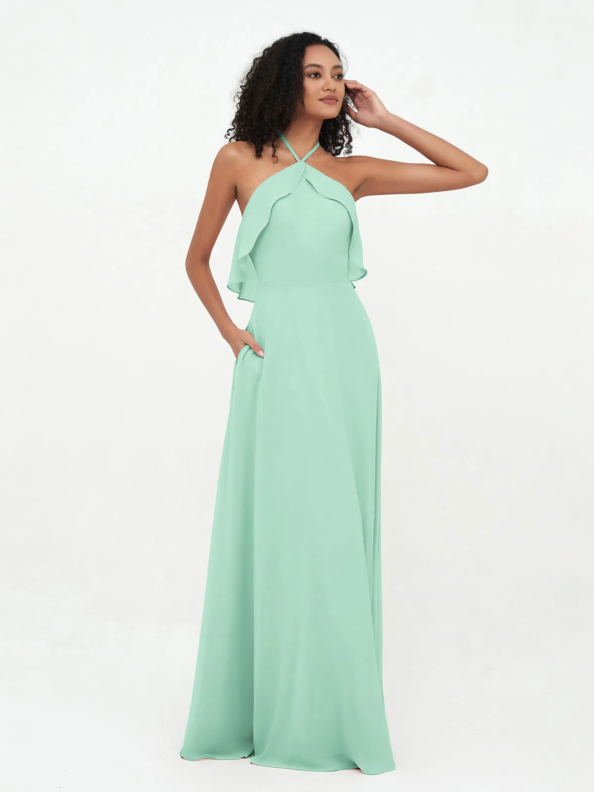Halter Strap Chiffon Long Bridesmaid Dresses Mint Green