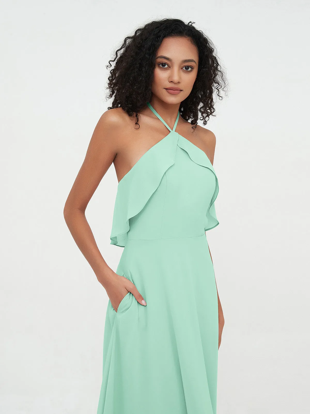 Halter Strap Chiffon Long Bridesmaid Dresses Mint Green