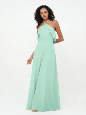 Halter Strap Chiffon Long Bridesmaid Dresses Mint Green