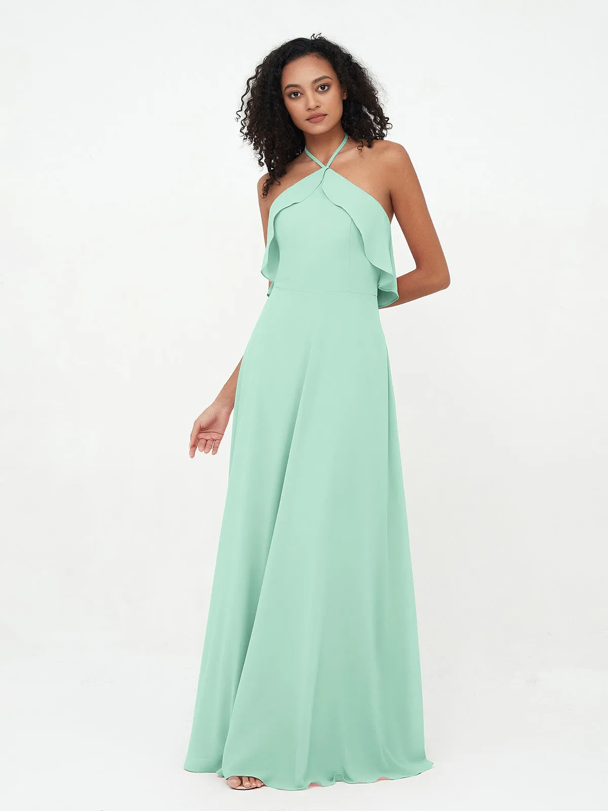 Halter Strap Chiffon Long Bridesmaid Dresses Mint Green