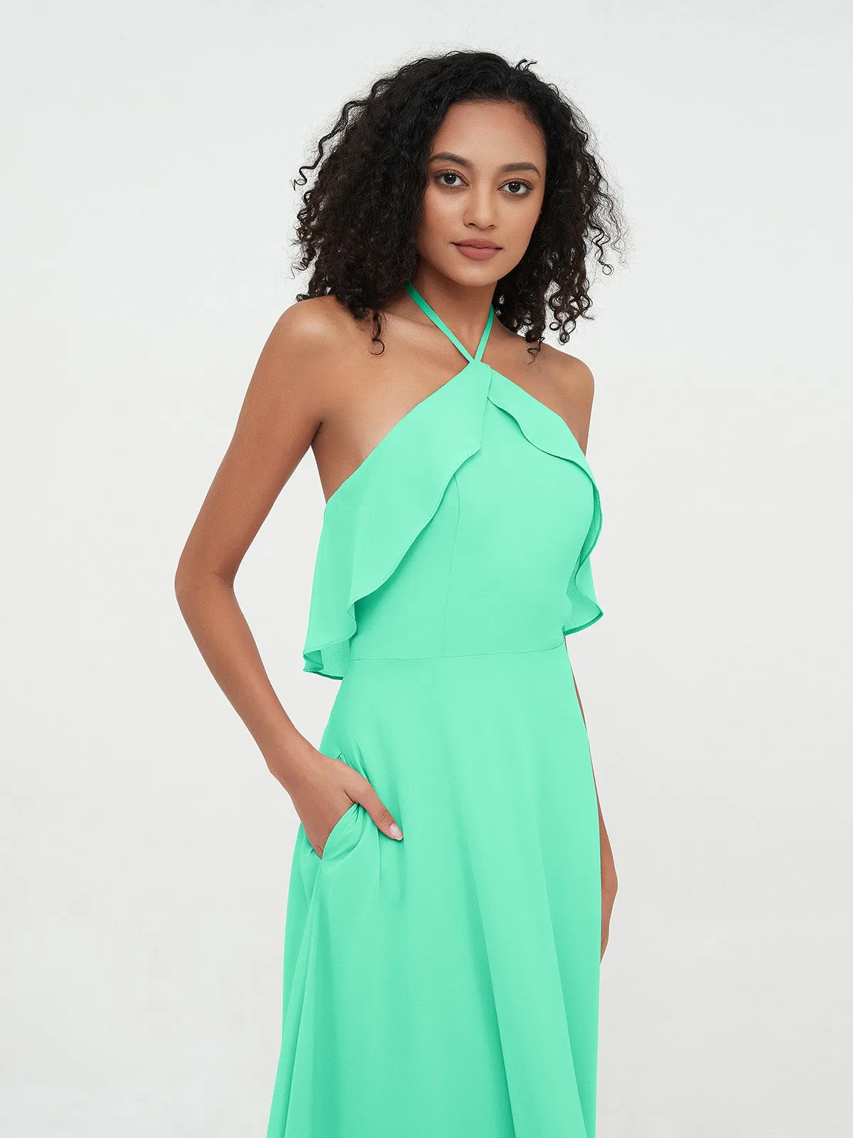 Halter Strap Chiffon Long Bridesmaid Dresses Turquoise