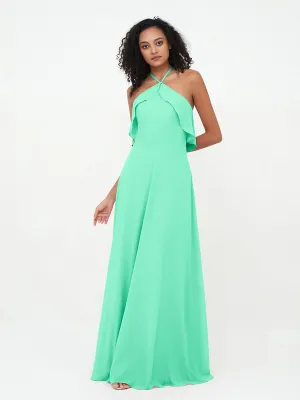 Halter Strap Chiffon Long Bridesmaid Dresses Turquoise