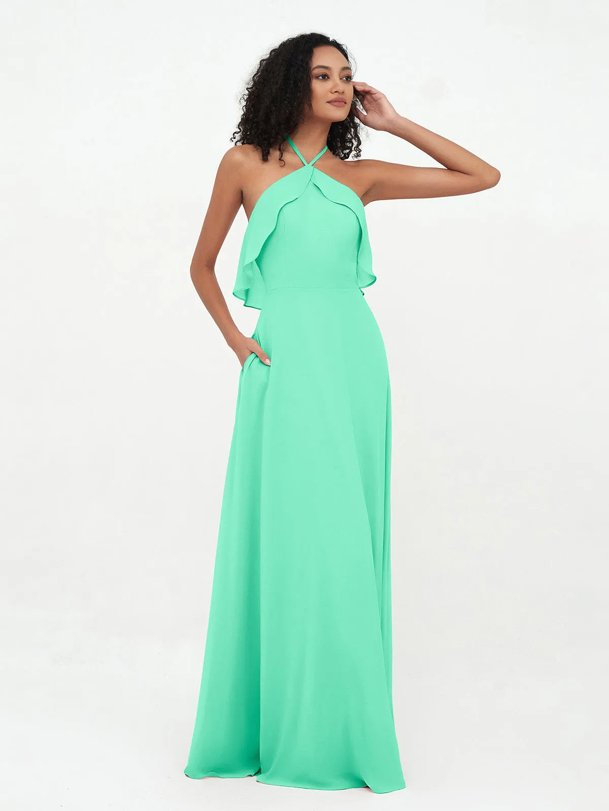 Halter Strap Chiffon Long Bridesmaid Dresses Turquoise