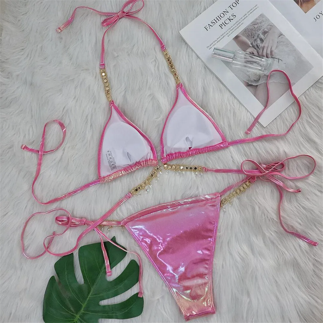 Hayley Diamond Rhinestones PU Faux Leather Bikini