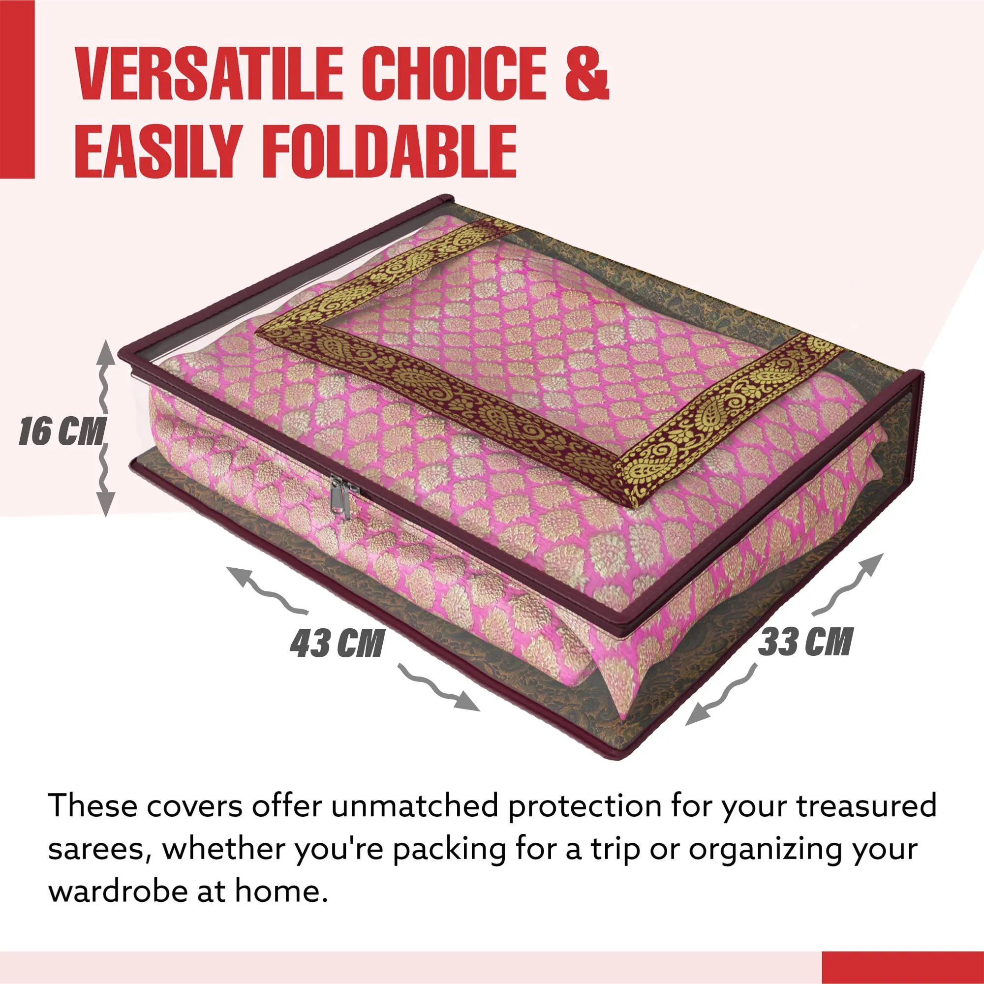 Heart Home Saree Cover | Clothes Storage Bag | Storage Organizer Bag | Zip Closure Saree Cover | Transparent Wardrobe Organizer | U Gota Lace Carry-Design | 6 Inch | Maroon