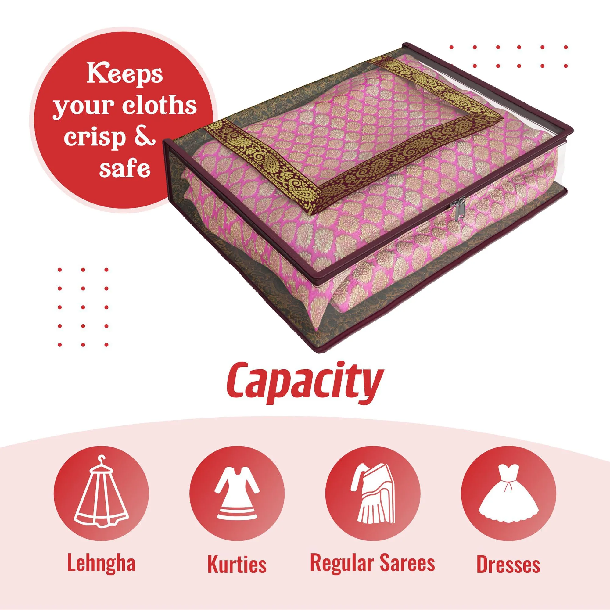Heart Home Saree Cover | Clothes Storage Bag | Storage Organizer Bag | Zip Closure Saree Cover | Transparent Wardrobe Organizer | U Gota Lace Carry-Design | 6 Inch | Maroon
