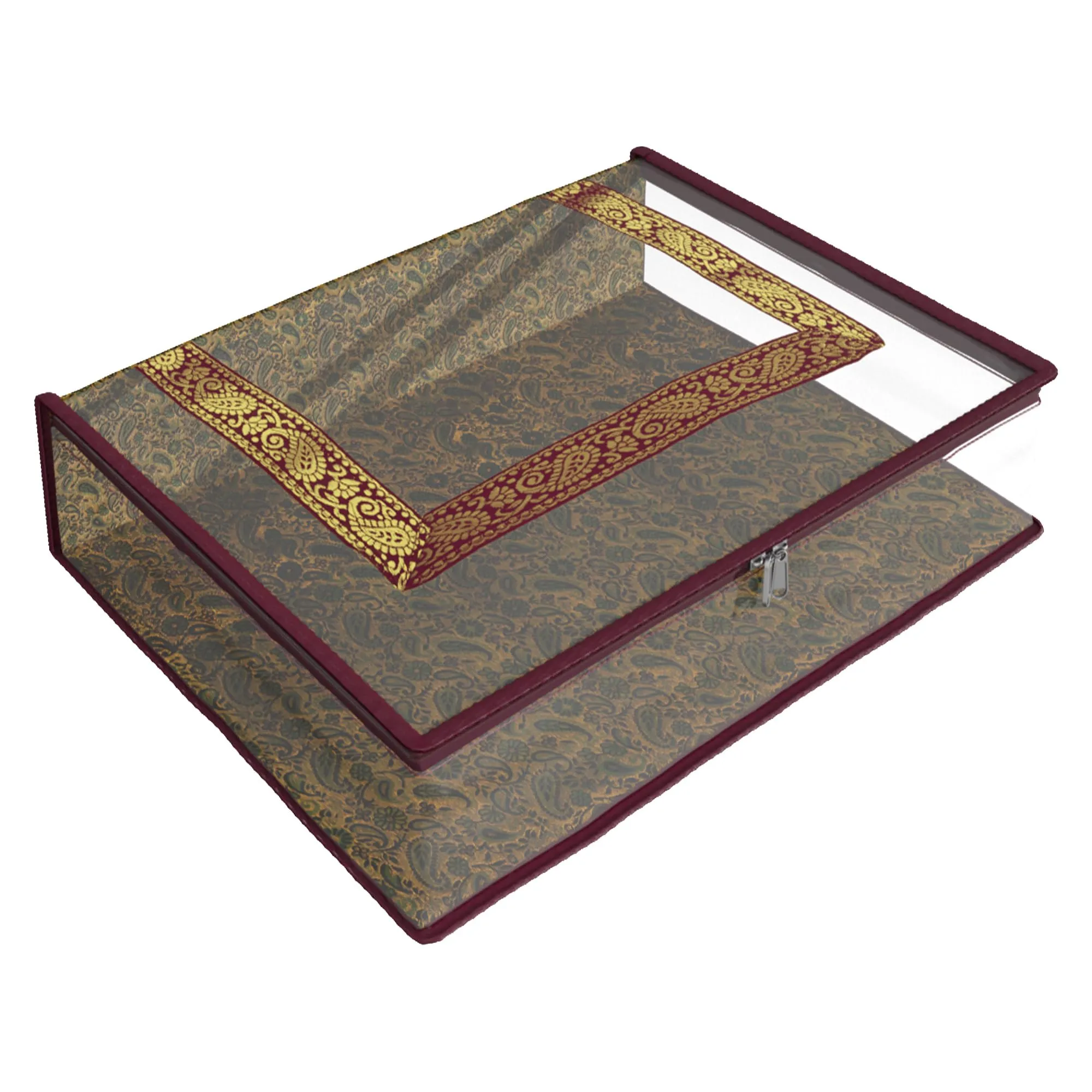 Heart Home Saree Cover | Clothes Storage Bag | Storage Organizer Bag | Zip Closure Saree Cover | Transparent Wardrobe Organizer | U Gota Lace Carry-Design | 6 Inch | Maroon