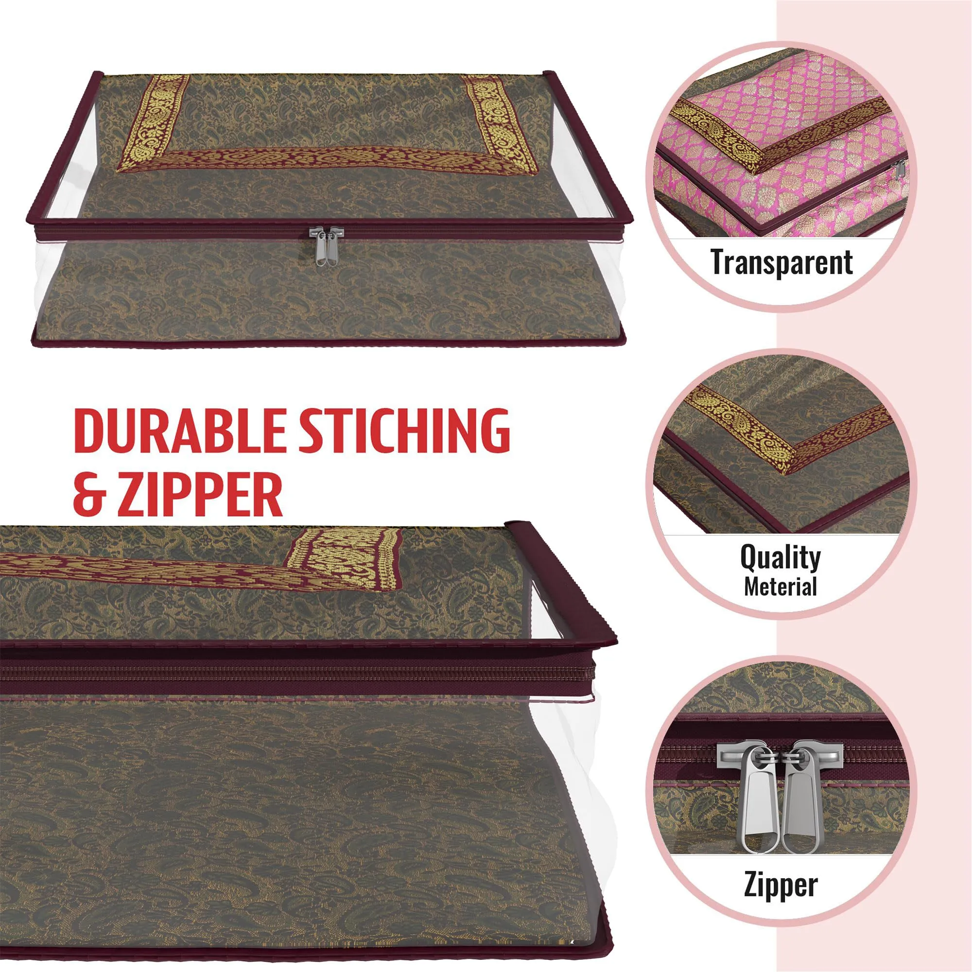 Heart Home Saree Cover | Clothes Storage Bag | Storage Organizer Bag | Zip Closure Saree Cover | Transparent Wardrobe Organizer | U Gota Lace Carry-Design | 6 Inch | Maroon