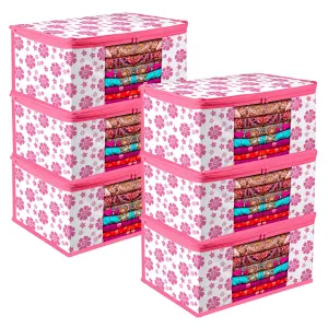 Heart Home Saree Cover | Zip Closure Saree Cover | Clothes Storage Bag | Wardrobe Organiser | Transparent Window Saree Cover | Flower-Design | 9 inch | Pack of 6 | Pink