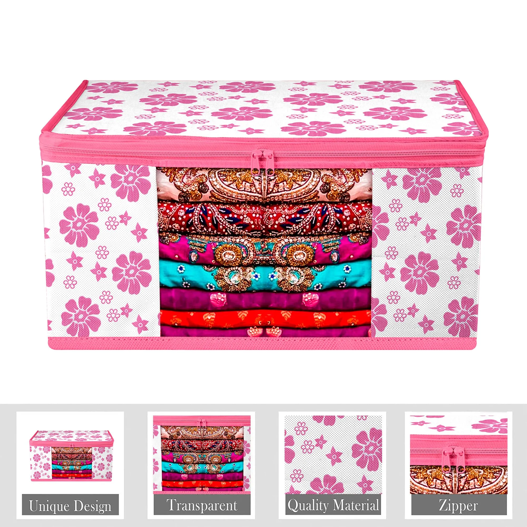 Heart Home Saree Cover | Zip Closure Saree Cover | Clothes Storage Bag | Wardrobe Organiser | Transparent Window Saree Cover | Flower-Design | 9 inch | Pack of 6 | Pink