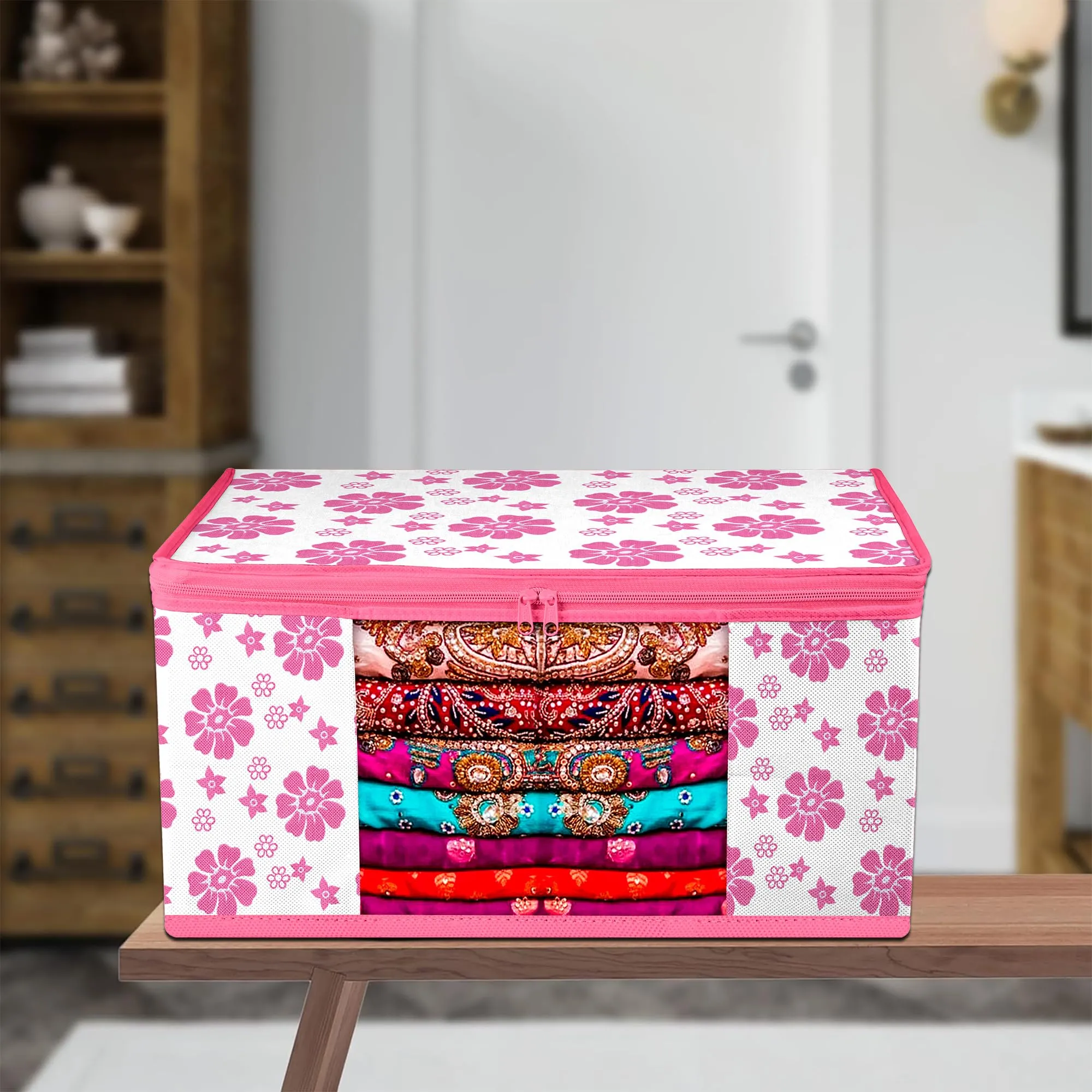 Heart Home Saree Cover | Zip Closure Saree Cover | Clothes Storage Bag | Wardrobe Organiser | Transparent Window Saree Cover | Flower-Design | 9 inch | Pack of 6 | Pink