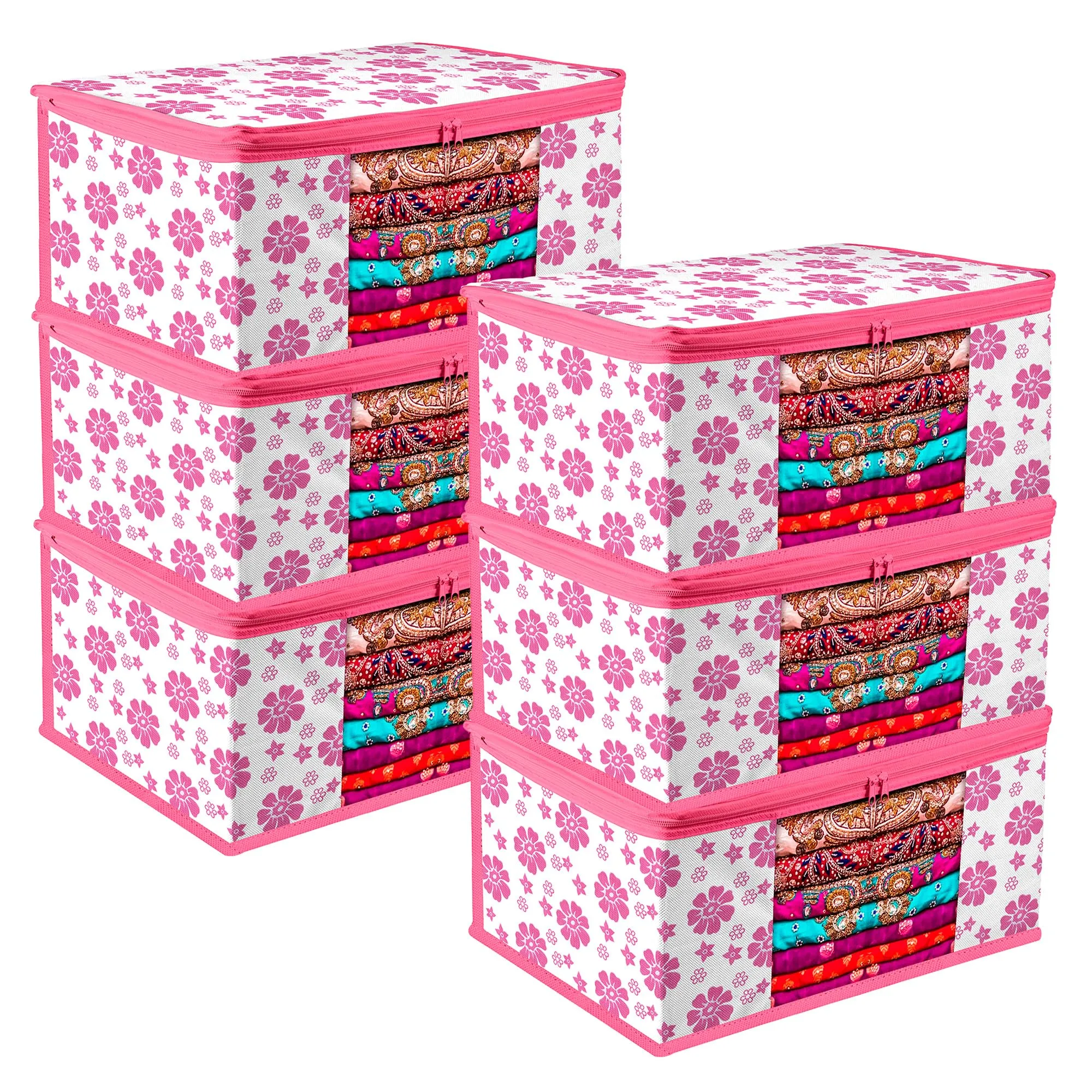 Heart Home Saree Cover | Zip Closure Saree Cover | Clothes Storage Bag | Wardrobe Organiser | Transparent Window Saree Cover | Flower-Design | 9 inch | Pack of 6 | Pink