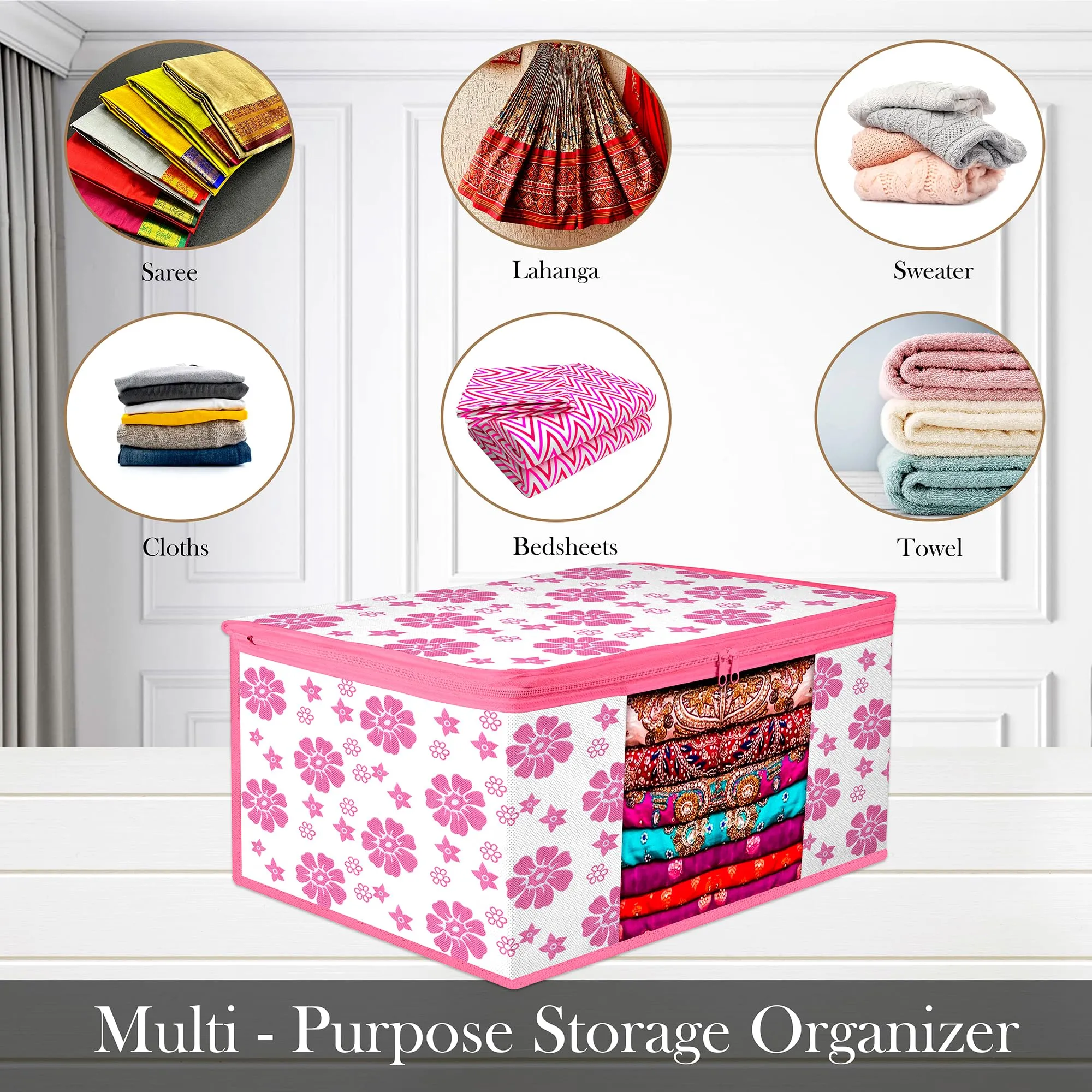 Heart Home Saree Cover | Zip Closure Saree Cover | Clothes Storage Bag | Wardrobe Organiser | Transparent Window Saree Cover | Flower-Design | 9 inch | Pack of 6 | Pink