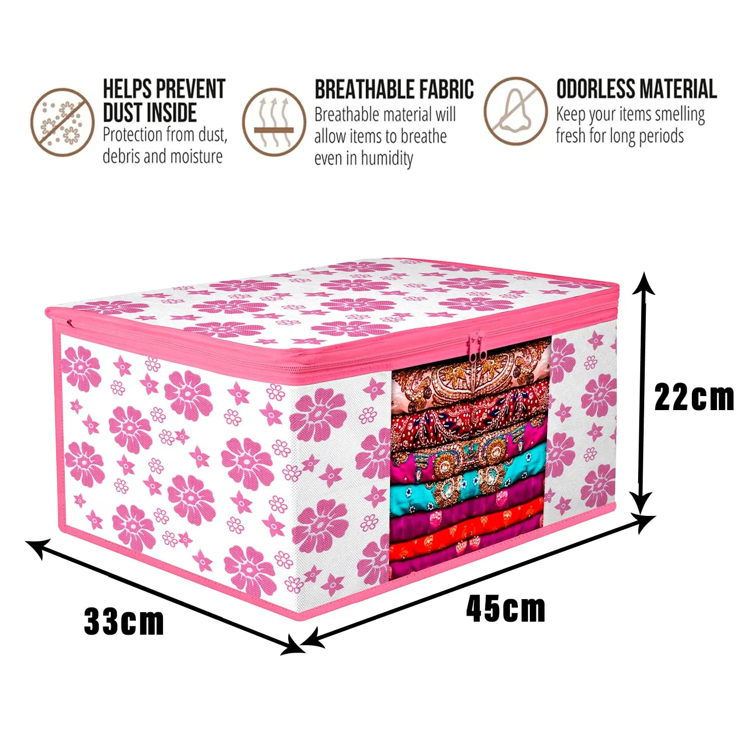 Heart Home Saree Cover | Zip Closure Saree Cover | Clothes Storage Bag | Wardrobe Organiser | Transparent Window Saree Cover | Flower-Design | 9 inch | Pack of 6 | Pink