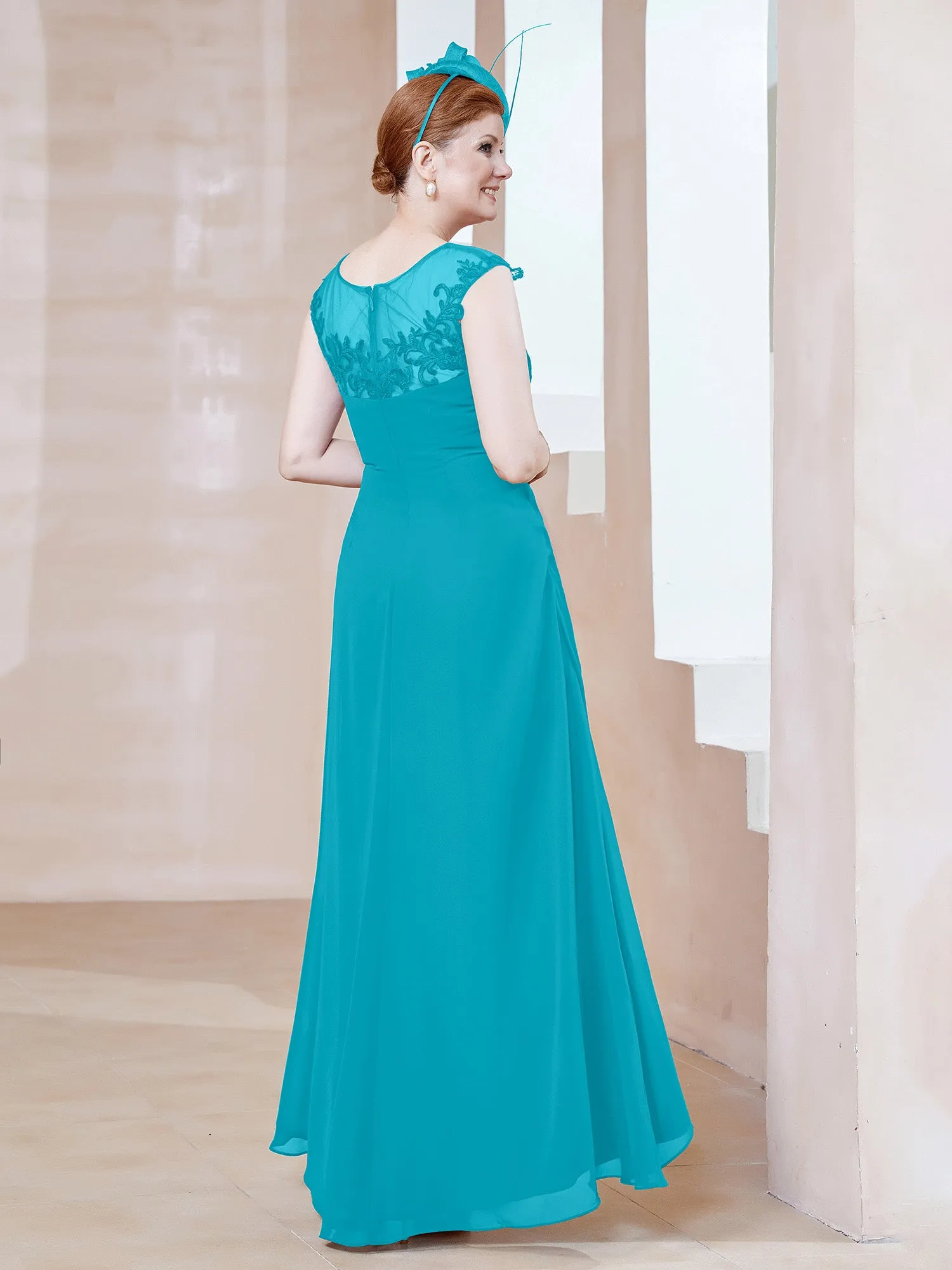 Illusion Lace Neckline Asymmetrical A-Line Dress Jade